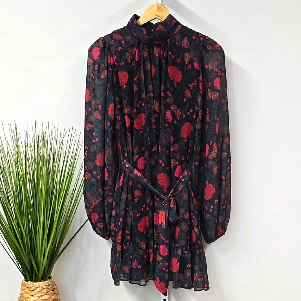 LDT Black Red Floral Chiffon Mock Neck Long Sleeve Mini Dress Size‎ 2